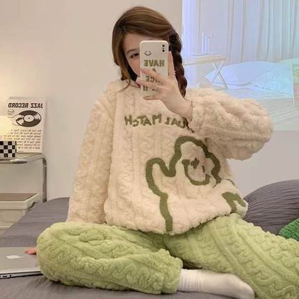 秋冬女提花风加绒冬季睡衣公主绒甜美家居服珊瑚法兰绒款加厚孕妇