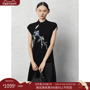 新中式 双色珠绣上衣时尚 喜鹊翩翩 HECO 百搭设计感立领镂空T恤