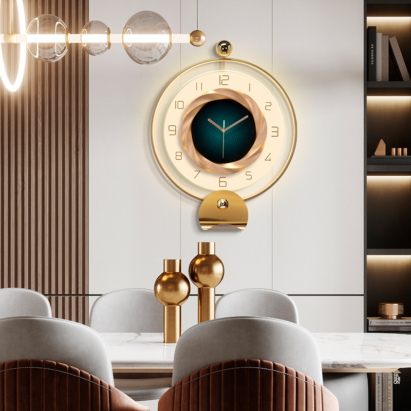 福雕家饰轻奢挂钟客厅现代简约家用餐厅壁挂时钟灯挂墙创意钟表心