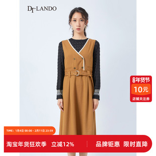 DTLANDO背心裙女装秋季新款田园撞色V领无袖绑带收腰马甲连衣裙