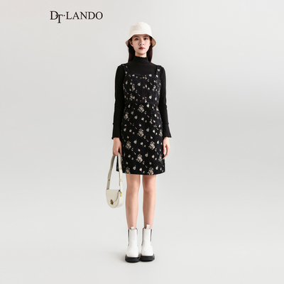 DTLANDO冬季女装甜美黑底碎花通勤百搭剪裁设计师品牌背带裙子