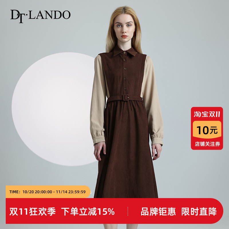 DTLANDO秋冬连衣裙女通勤中长款拼接假两件系带收腰小翻领衬衫裙