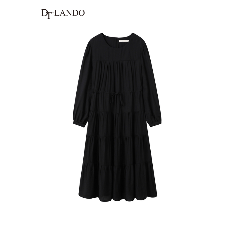 DTLANDO秋季款女装时尚圆领中长款收腰显瘦纯色设计感长袖连衣裙