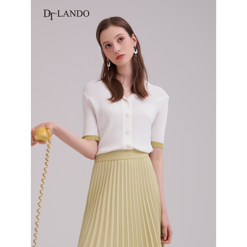 DTLANDO夏季上衣外套简约翻领薄格纹设计短袖针织衫