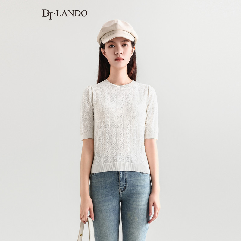 DTLANDO秋季女装清新镂空短袖精致气质百搭设计师品牌套头针织衫