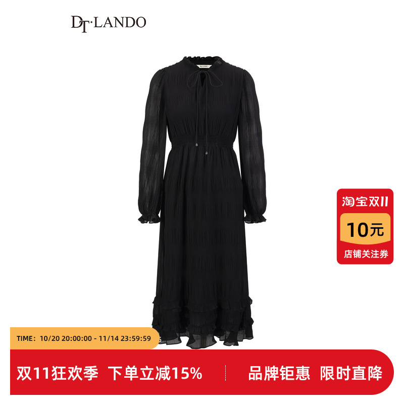 DTLANDO秋季女装法式浪漫腰部打揽宽松长袖小黑连衣裙子