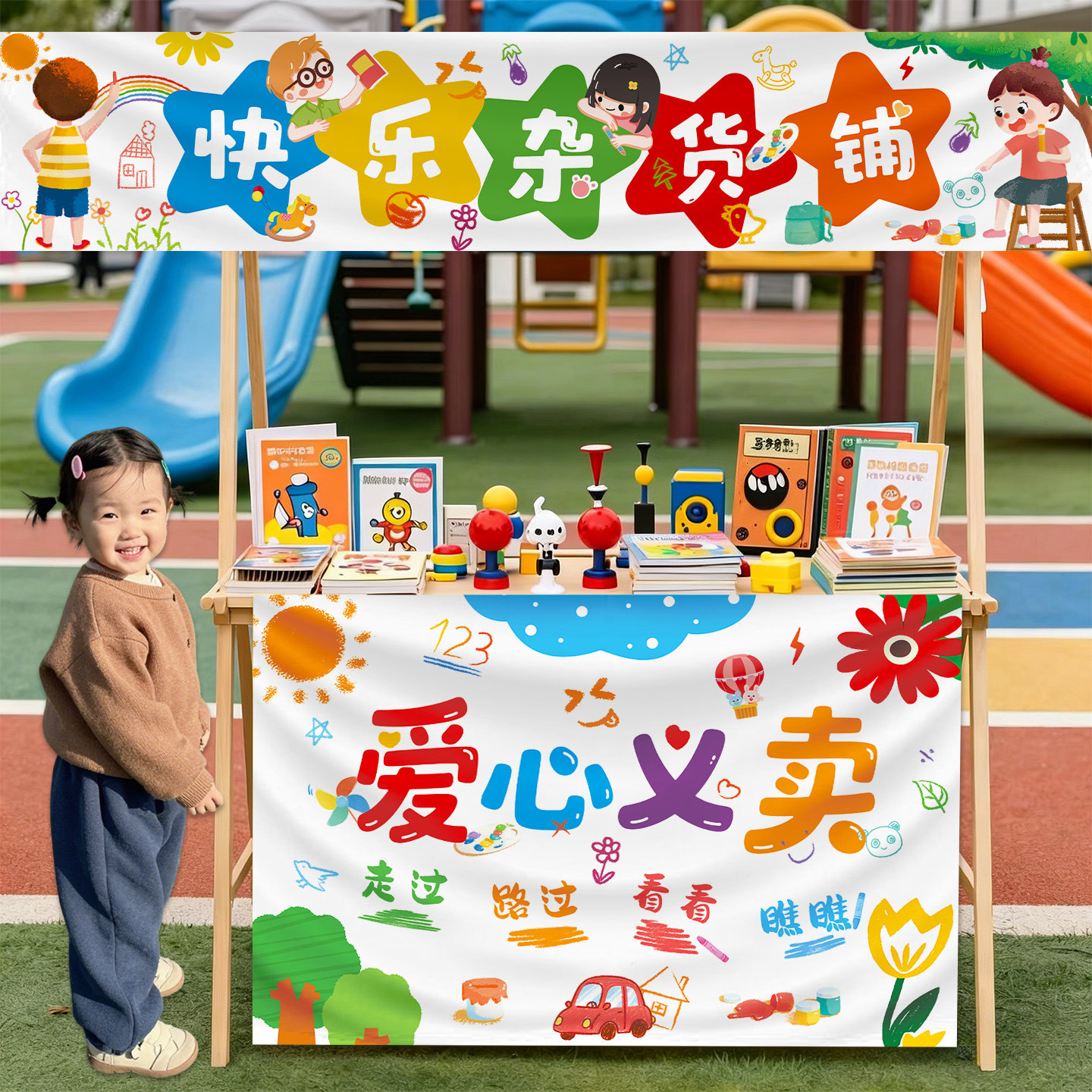 市集布置儿童跳蚤市场小商品横幅背景桌布套装小学生爱心义卖装饰