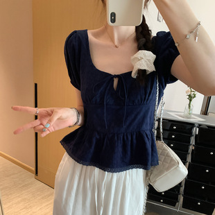 T恤女夏季 纯欲风方领蝴蝶结系带短袖 甜美设计感收腰荷叶边上衣