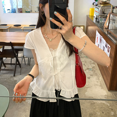 蝴蝶结绑带蕾丝花边短袖衬衫女夏季韩系甜美设计感别致显瘦上衣