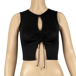 drawstring top front knit Neckline fit pleated slit slim