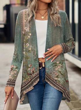 Floral Buttonless Long Plant Cape Sleeve Cardigan Womens