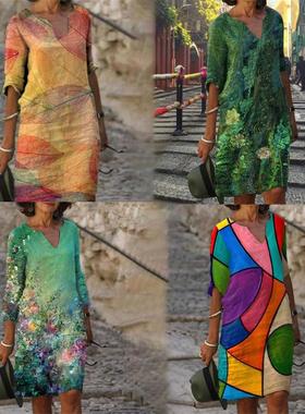 Summer colorful mid-waist rendering A-line V-neck