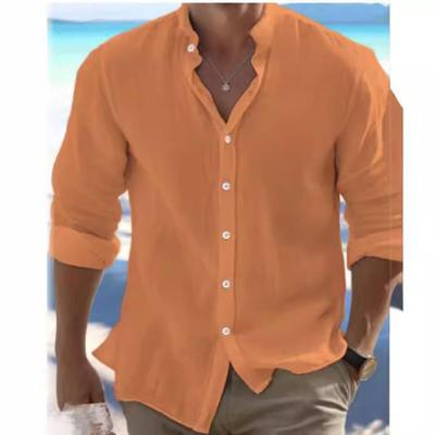 Stand Linen Shirt Wear Everyday Long Plain Button-Down