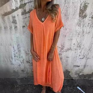 Short Sleeve Color Loose Cotton Solid Skirt Neck Casual