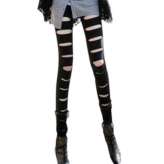 Skinny Fashion Leather Front Hole Slim Faux Ripped Pants