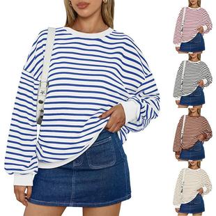 striped colorful round neck sweatshirt Women loose