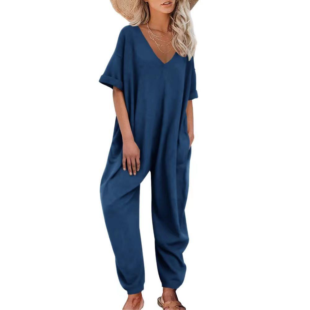 Overalls Long Womens Jumpsuit Cuffed Half V-neck Colorful