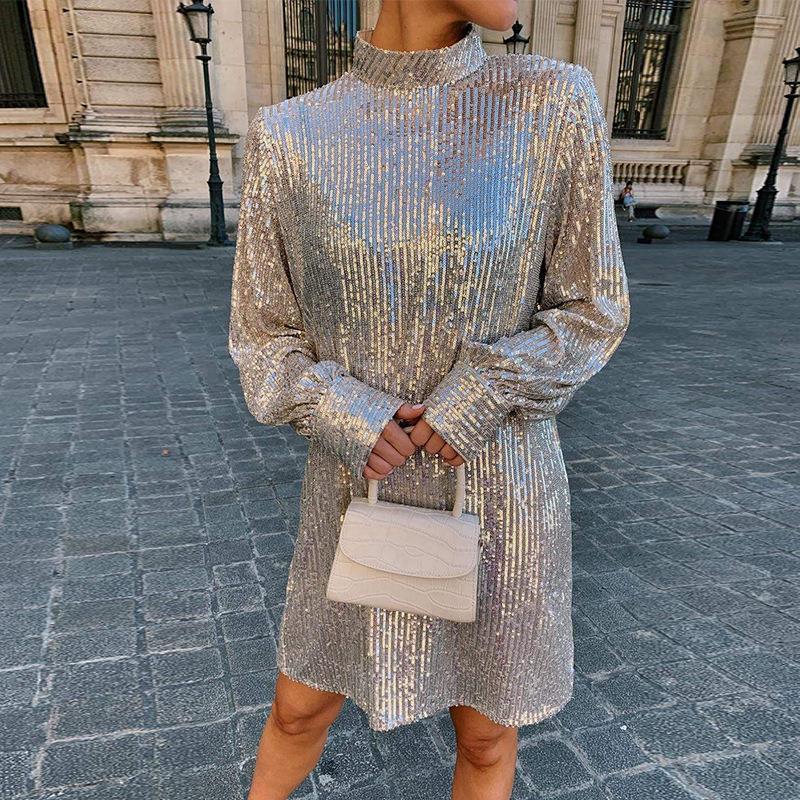 dress backless sequined sleeve long waist tie fit slim gold
