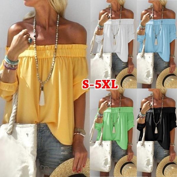 color pleated neck top short-sleeved Solid one-shoulder