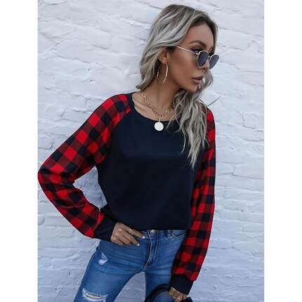 Plaid long-sleeved casual pull-on and womens sleeves tops