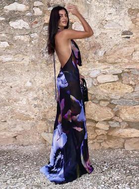 Womens dress sexy backless printed halter neck dress black