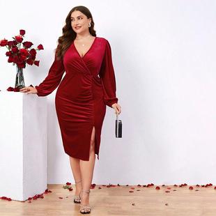 wrapped neck long slim fit hip slit sleeved velvet dress