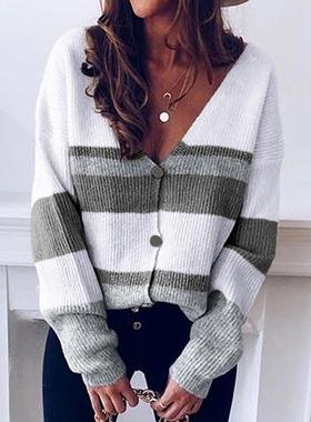 Colorblocked sweater V-neck button striped stitching