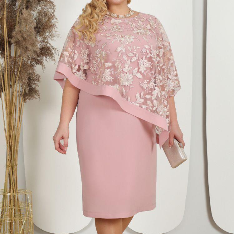 Embroidered Plus Size Dress Short Sleeve Ruffle Slim Pencil