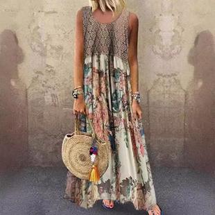 color dress round neck contrast Womens sleeveless stitching