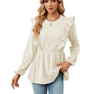 stitching gathered round neck sleeve Solid long color