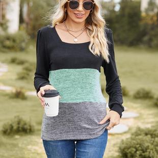 Contrast Neck Color Stitching Long Womens Loose Square