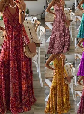 Bohemian style suspender long skirt high waist V neck