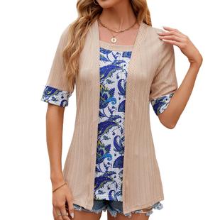 neck length contrast mid stitching shirt sleeve square