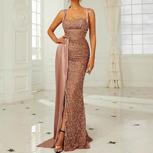 fishtail halter dress gold host gown evening sequin