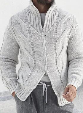 Sleeve Cardigan Cable Long Jacket Zipper Turtleneck Knitted