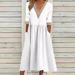 Lace Half and Large Dress Size Cotton Collar Midi Loose