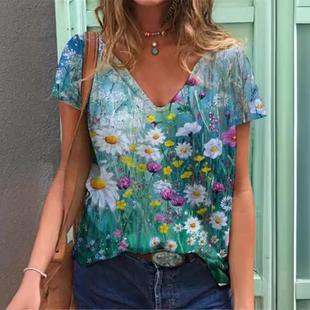 loose short neck sleeved Womens top digital shirt