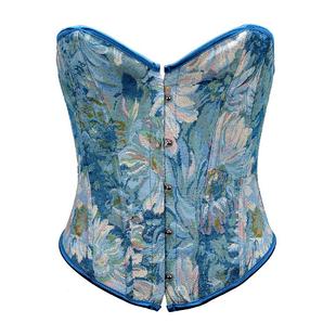 pink floral denim boned hot sexy overbust corset bustier