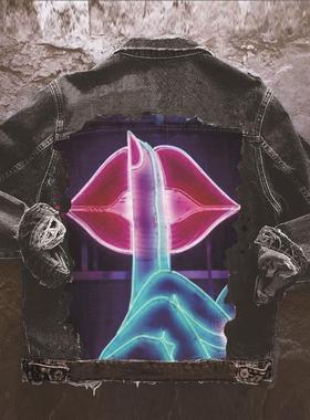 Fluorescent Lips Denim Jacket Western Denim Womens Loose