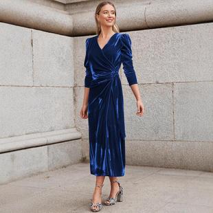 gold skirt evening dress elegant sleeve velvet long Womens