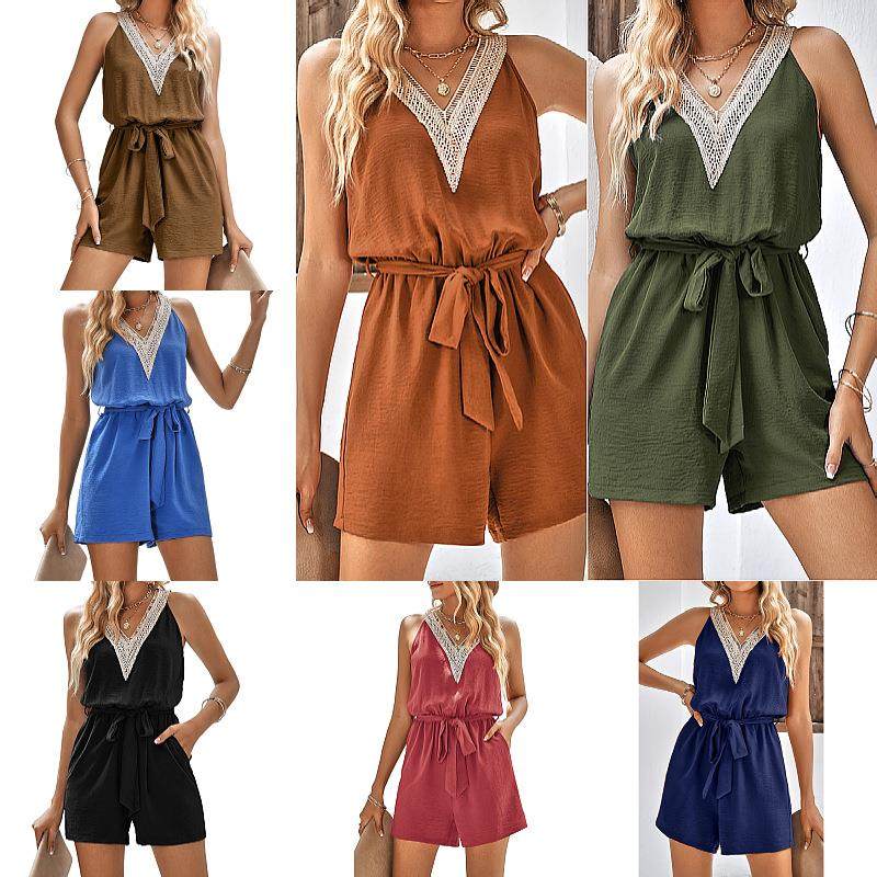 shorts rompers womens vacation beach lace-up sleeveless