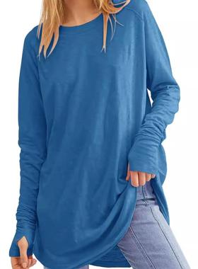 solid color crew neck for women clothing long -shirts