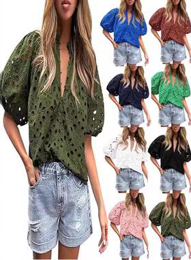 Shirt Embroidery Lace Hollow Button V-Neck Sleeve Lantern