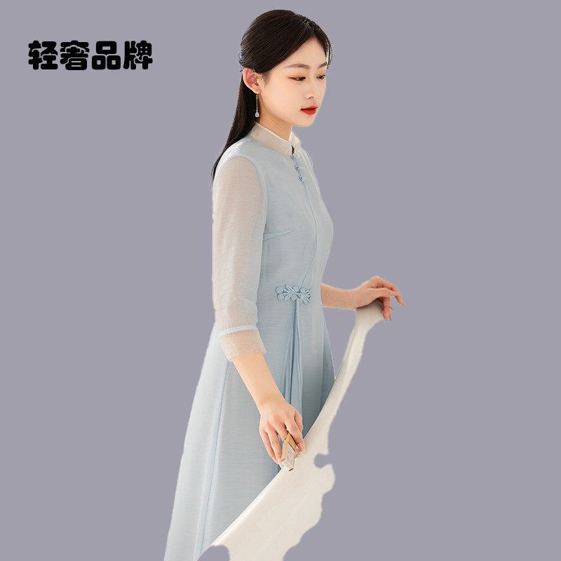 朗姿约定中国风盘扣连衣裙长款2026夏季奥黛旗袍禅意女装中式茶服