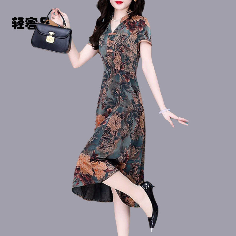 朗姿约定奢华碎花洋装女2026新款夏改良旗袍国风气质名媛中老年