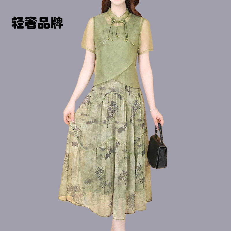 朗姿约定两件套连衣裙女2026新款夏季新中式短袖小衫印花裙子套装
