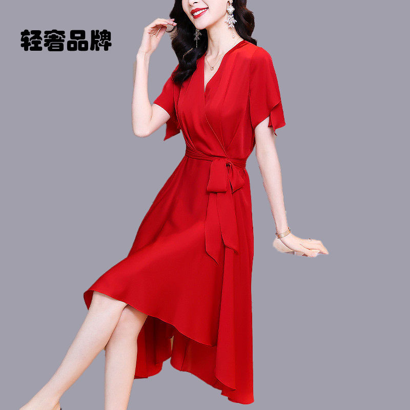 朗姿约定红色真丝洋装夏2026新款收腰V领贵夫人修身宴会礼服裙