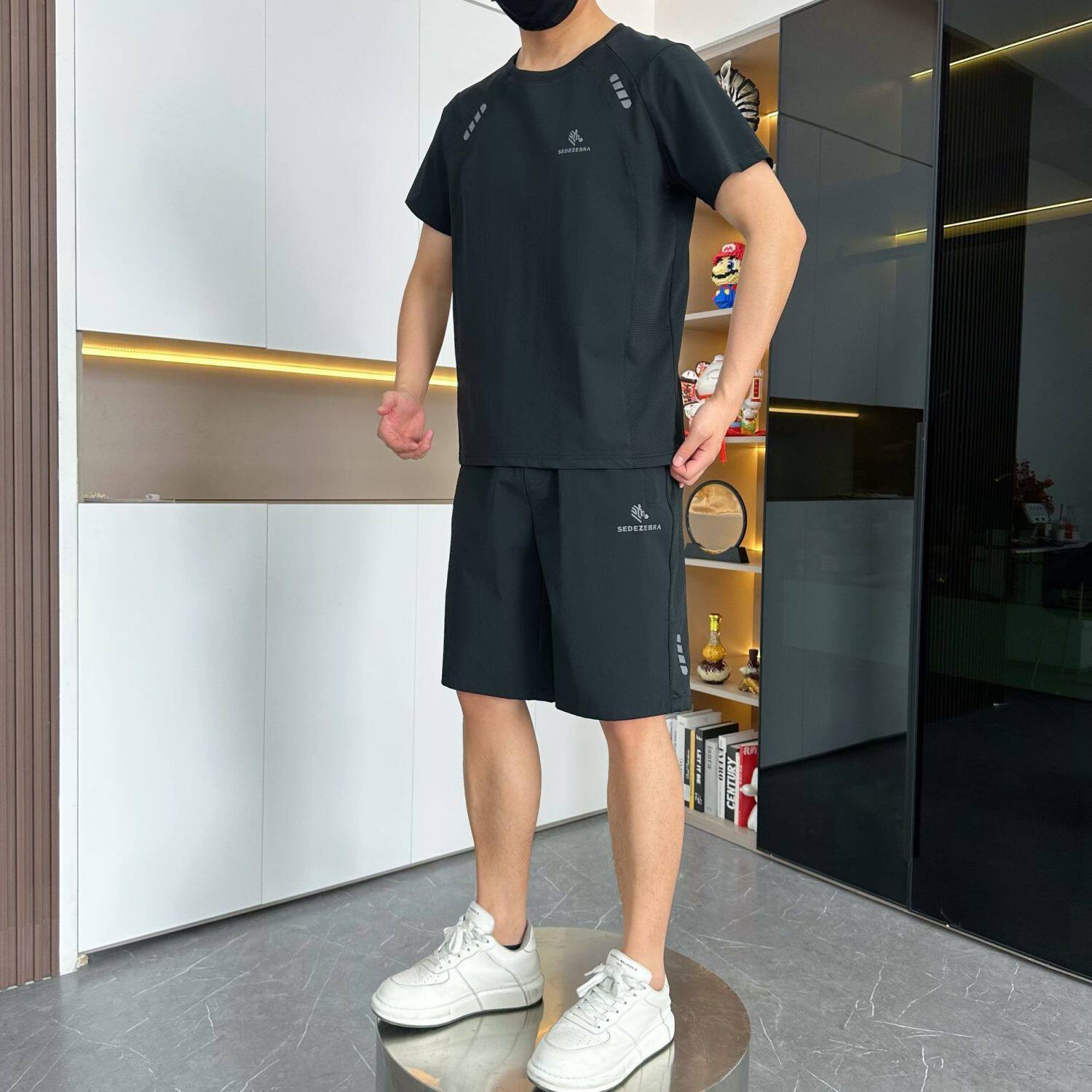速干运动弹力套装冰丝休闲短裤运动服夏季薄款男士短袖潮流两件套