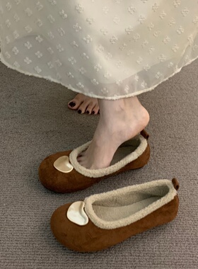 2025秋冬季法式晚晚风丑萌加绒毛毛鞋女保暖一脚蹬大头通勤豆豆鞋