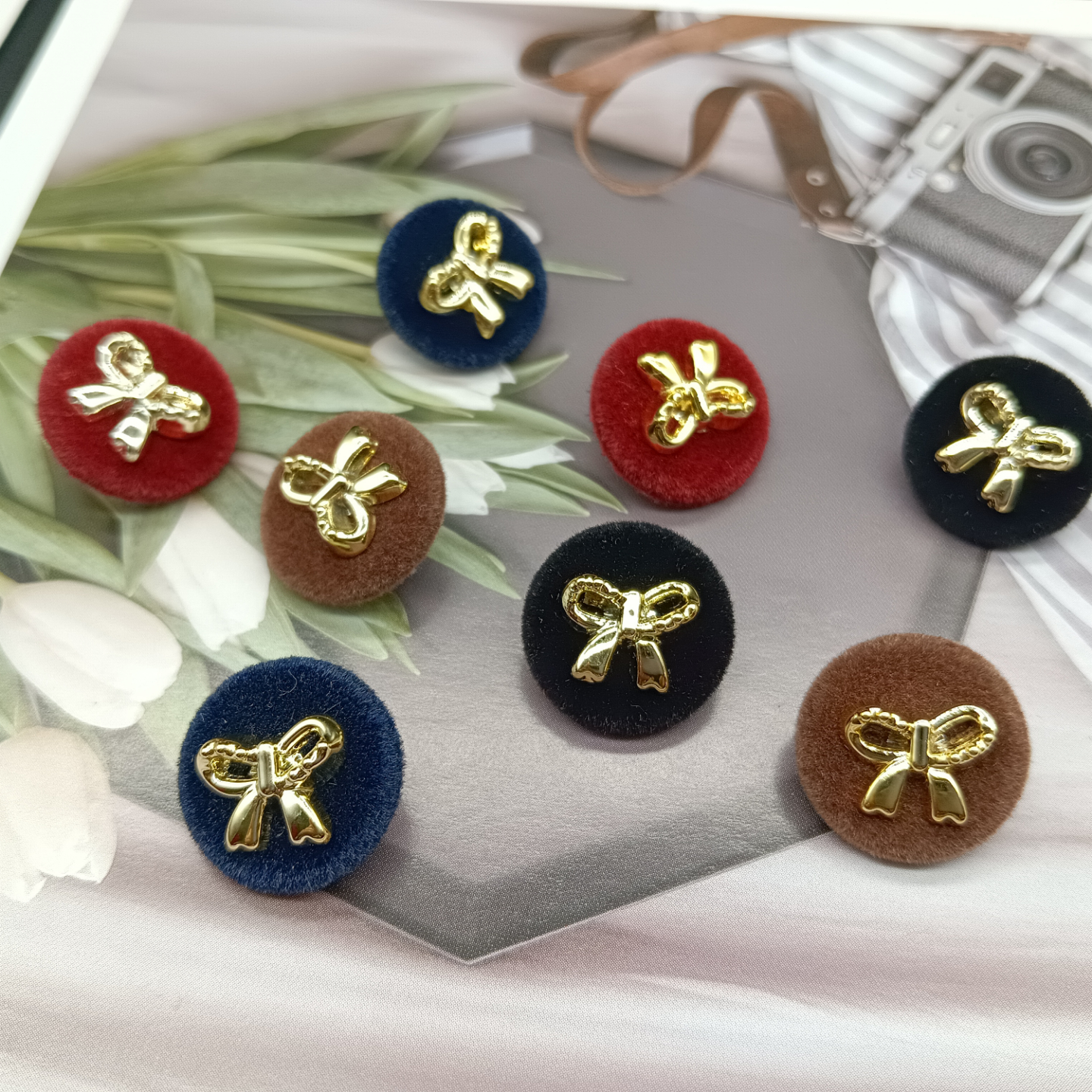 小香风植绒金属蝴蝶结纽扣开衫扣